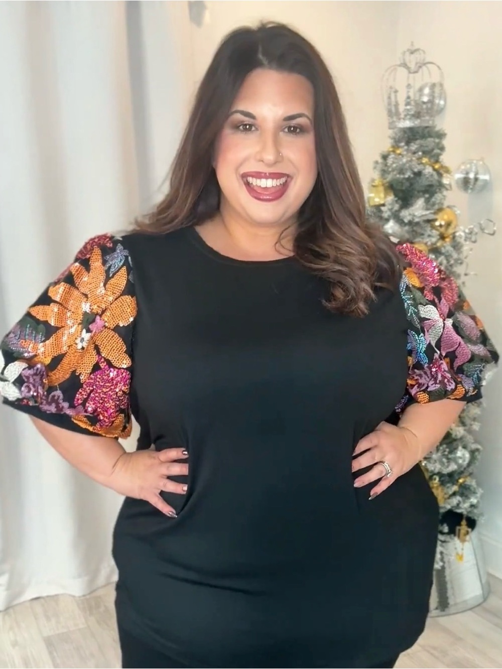 Plus Size Black Top with Multicolor Sequin Puff Sleeves